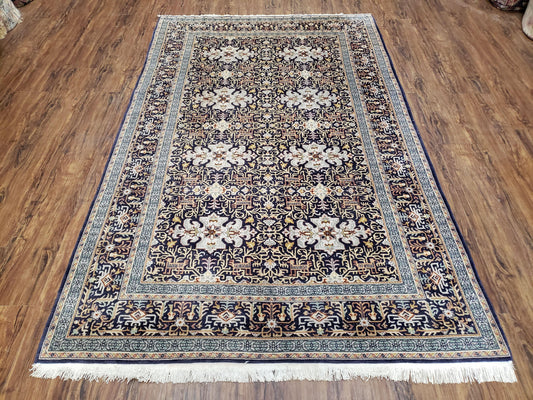 Persian Kashan Rug Hand Knotted Wool Navy Blue