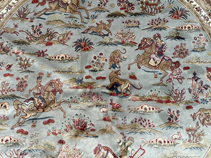 Round Silk Rug 6x6 Bamboo Silk Hunting Design With Animal Pictorials