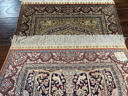 Turkish Hereke Silk Rug 2x3 Floral Vase Tree Of Life Birds Vintage Carpet