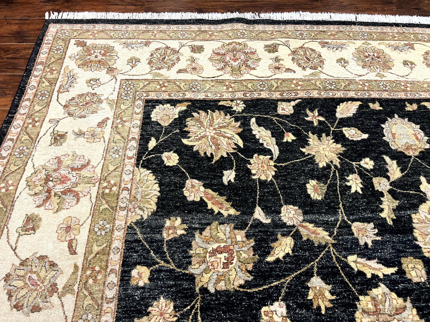 Indo Persian Rug 10x14, Charcoal and Beige, Floral Allover, Handmade Vintage Wool Carpet
