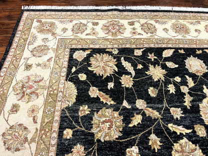 Indo Persian Rug 10x14, Charcoal and Beige, Floral Allover, Handmade Vintage Wool Carpet