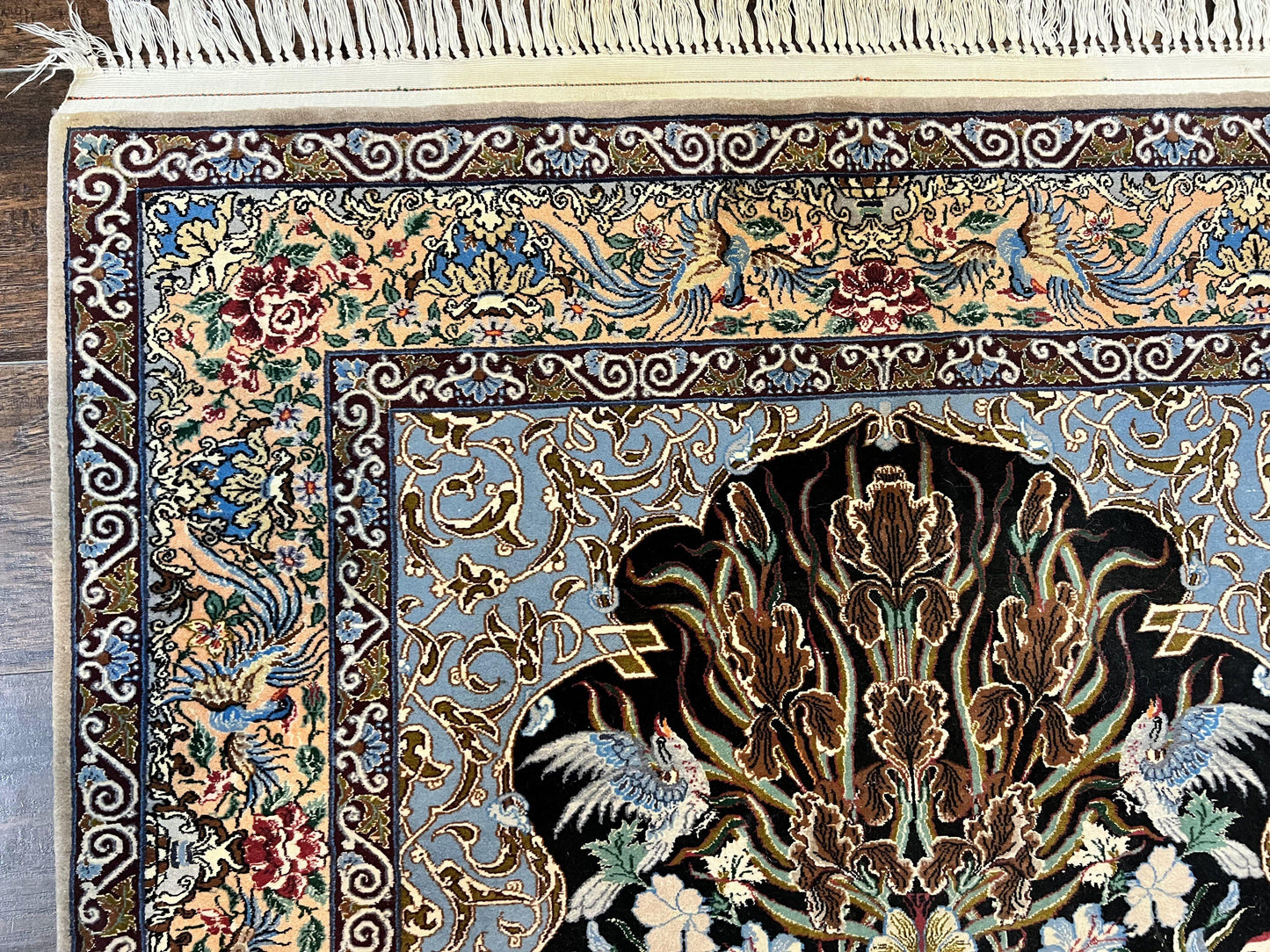 Persian Isfahan Rug 3.7x5 Kork Wool On Silk Tree Of Life Vase Peacocks Very Fine 460 KPSI