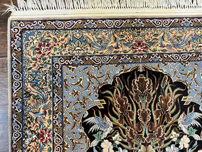 Persian Isfahan Rug 3.7x5 Kork Wool On Silk Tree Of Life Vase Peacocks Very Fine 460 KPSI