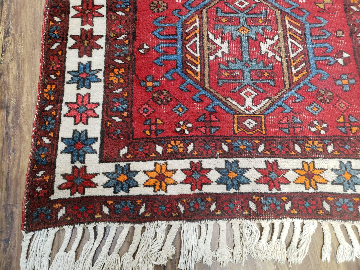 Antique Persian Heriz Karajeh Runner Rug, Red, Hand-Knotted, Wool, 3' 3" x 10' 11"