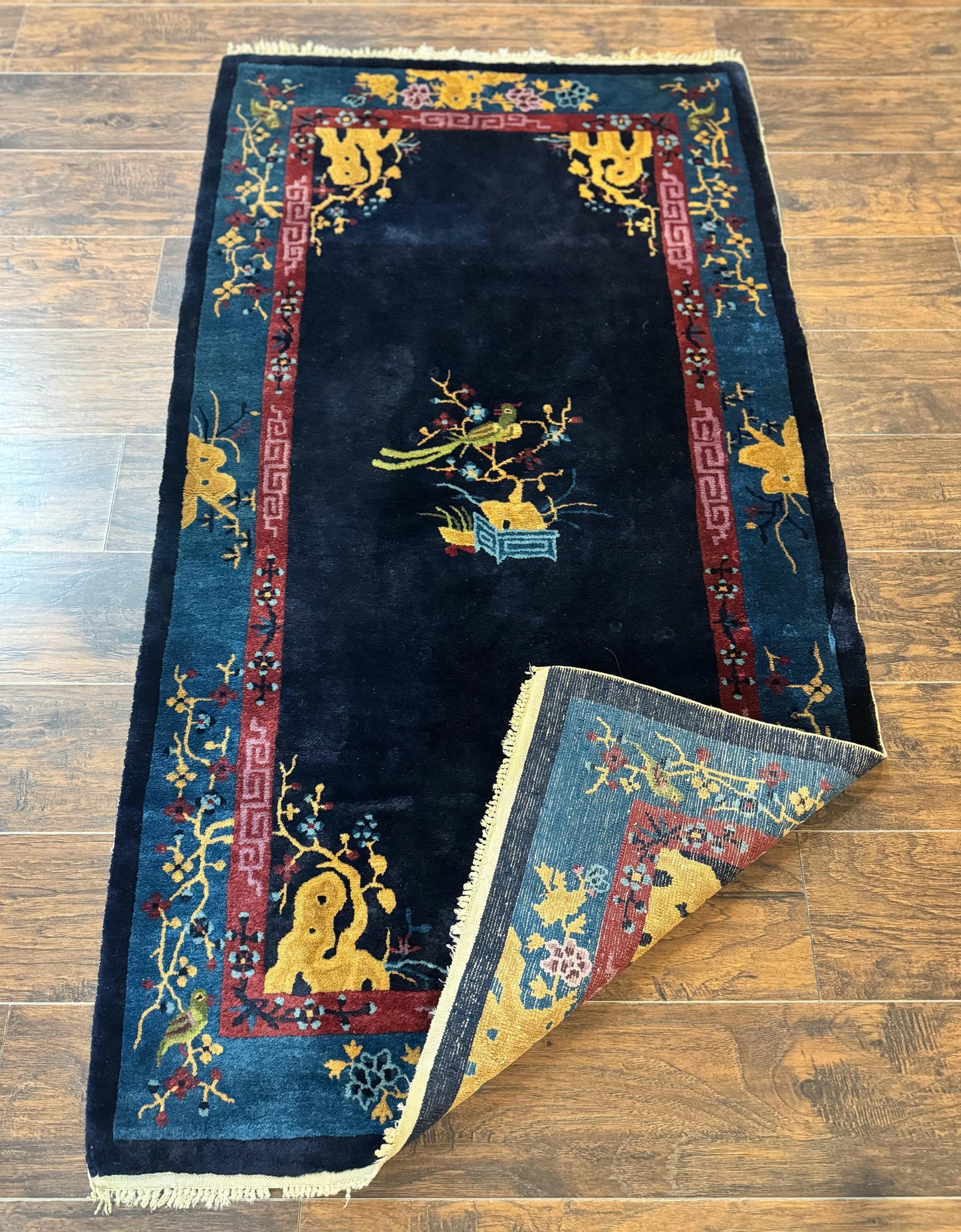 Antique Peking Rug 3x6 Handmade Wool Bird Motif Blue Chinese Legacy Carpet