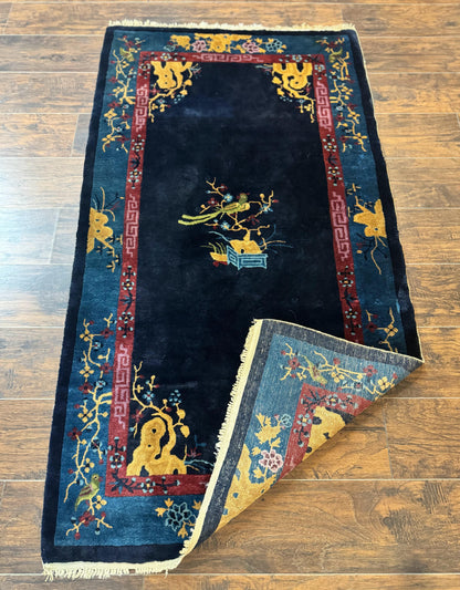 Antique Peking Rug 3x6 Handmade Wool Bird Motif Blue Chinese Legacy Carpet