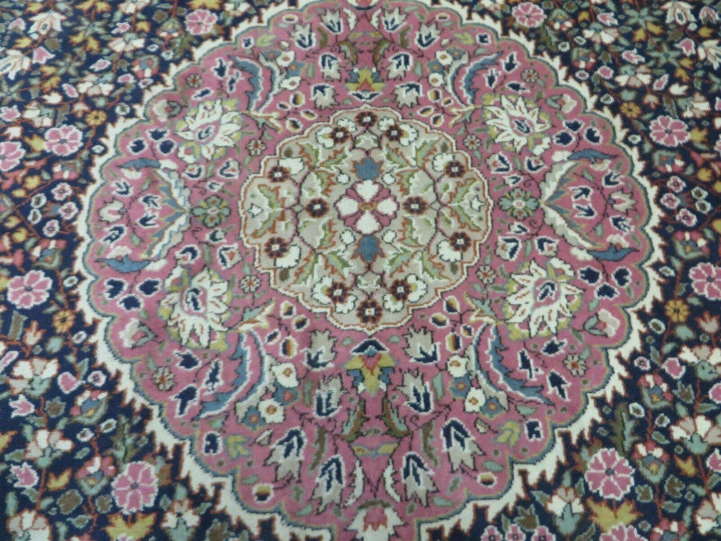 Turkish Sivas Rug 7x11, Navy Blue & Pink, Millifluer Floral Wool Carpet, Vintage