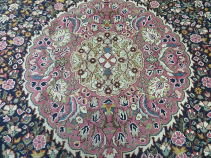 Turkish Sivas Rug 7x11, Navy Blue & Pink, Millifluer Floral Wool Carpet, Vintage
