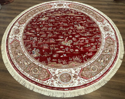 Turkish Silk Rug 8x8 Round Hunting Scene Bamboo Silk Dark Red Ivory
