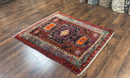 Persian Tribal Rug 5x6, Persian Nahavand Rug, Purple, Geometric Vintage Wool Handmade Carpet