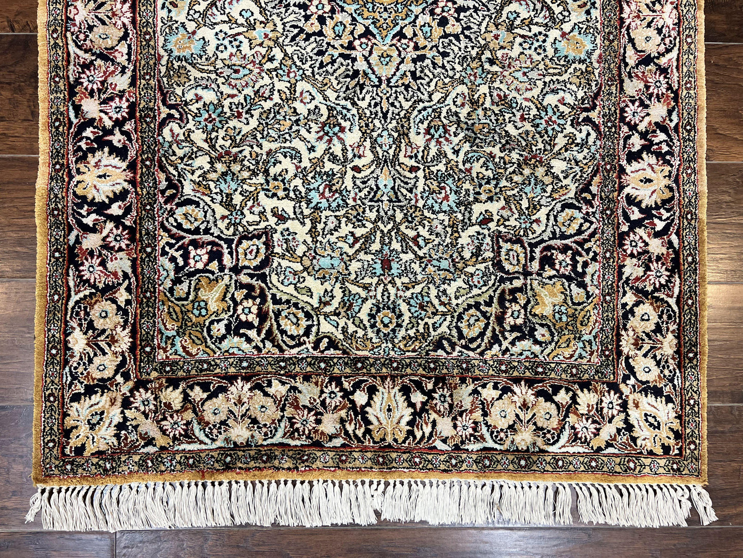 Silk Persian Qum Rug 4x5, Hand Knotted Vintage Carpet, Cream & Navy Blue, Silk Pile on Silk Foundation, Very Fine 360 KPSI