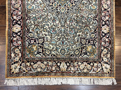 Silk Persian Qum Rug 4x5, Hand Knotted Vintage Carpet, Cream & Navy Blue, Silk Pile on Silk Foundation, Very Fine 360 KPSI