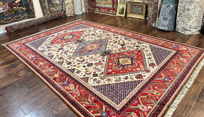Belgium Power Loomed Wool Rug 8x12 Geometric Medallions Persian Tribal Pattern Ivory Red Blue