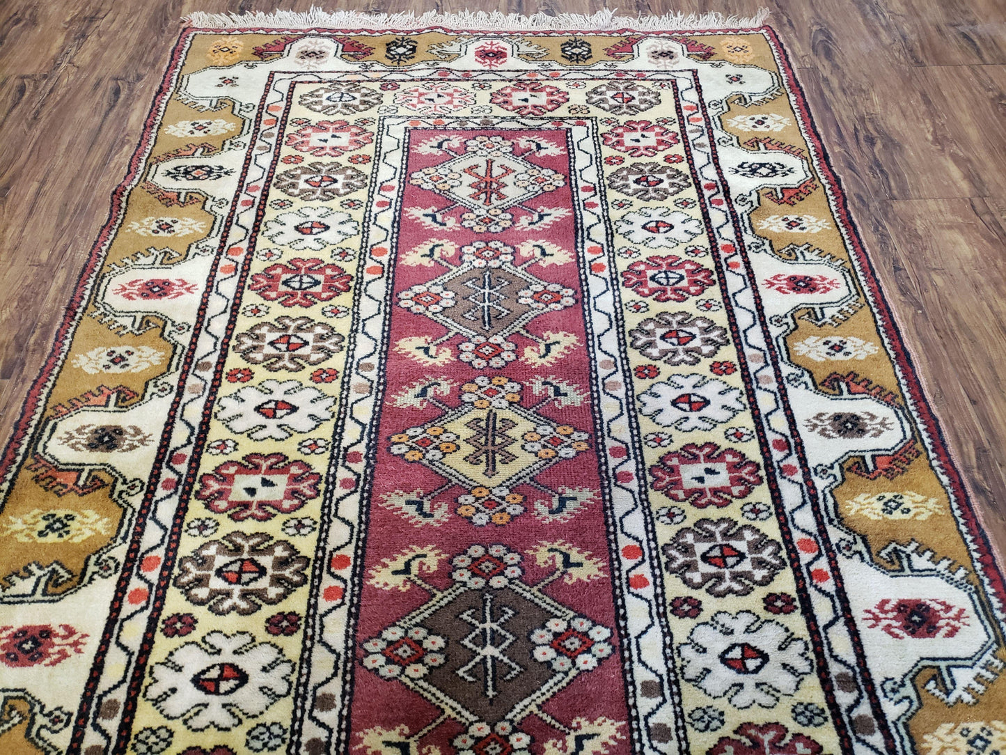 Turkish Caucasian Rug 4x7 Hand Knotted Wool Vintage Area Rug Cream Burnt Orange Carmine Red