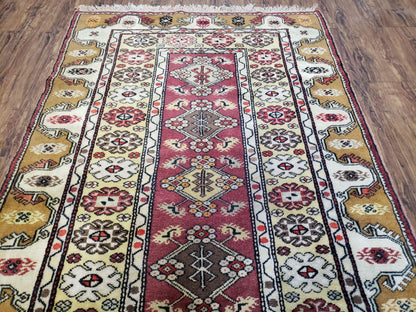 Turkish Caucasian Rug 4x7 Hand Knotted Wool Vintage Area Rug Cream Burnt Orange Carmine Red