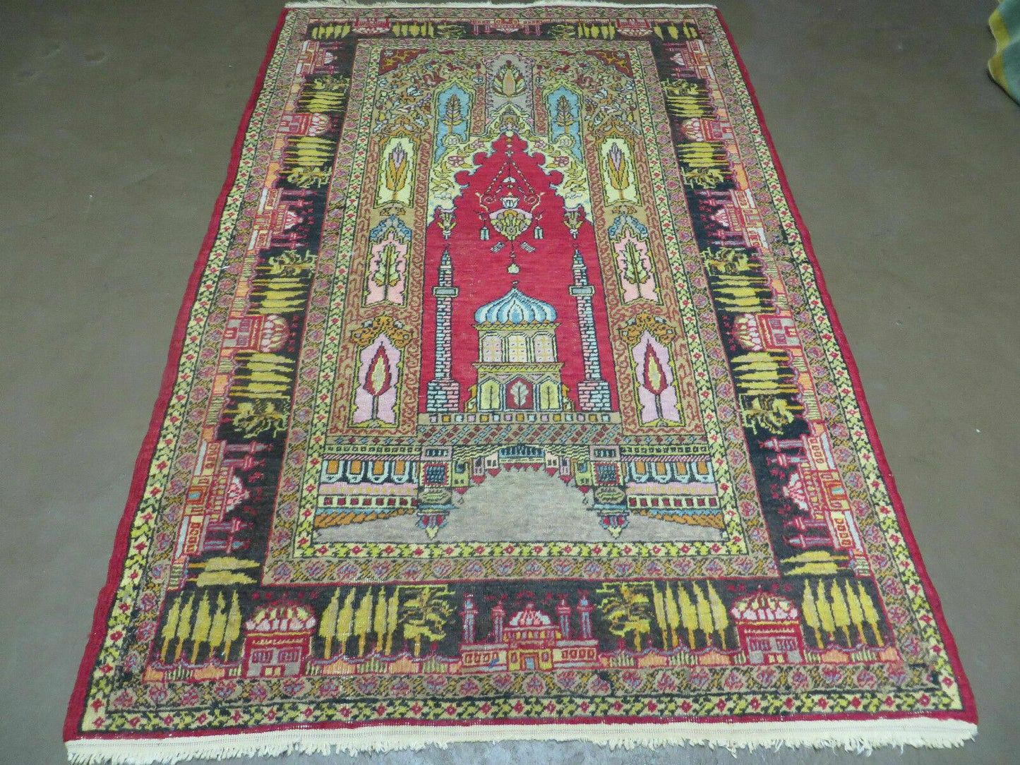 Turkish Mehrab Design Wool Rug Antique 1920s Hand Made One Of A Kind