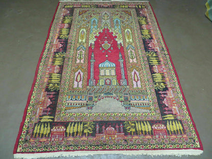 Turkish Mehrab Design Wool Rug Antique 1920s Hand Made One Of A Kind