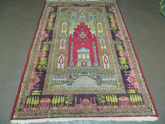 Turkish Mehrab Design Wool Rug Antique 1920s Hand Made One Of A Kind