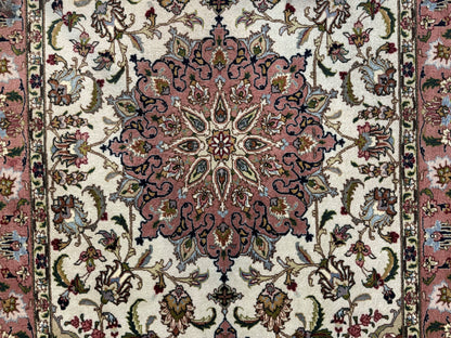 Fine Persian Tabriz Rug 3x5, Floral Medallion, 340 KPSI, Ivory Salmon