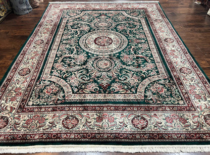 Persian Rug 9x12 Dark Green Cream Floral Medallion Handmade Wool Carpet