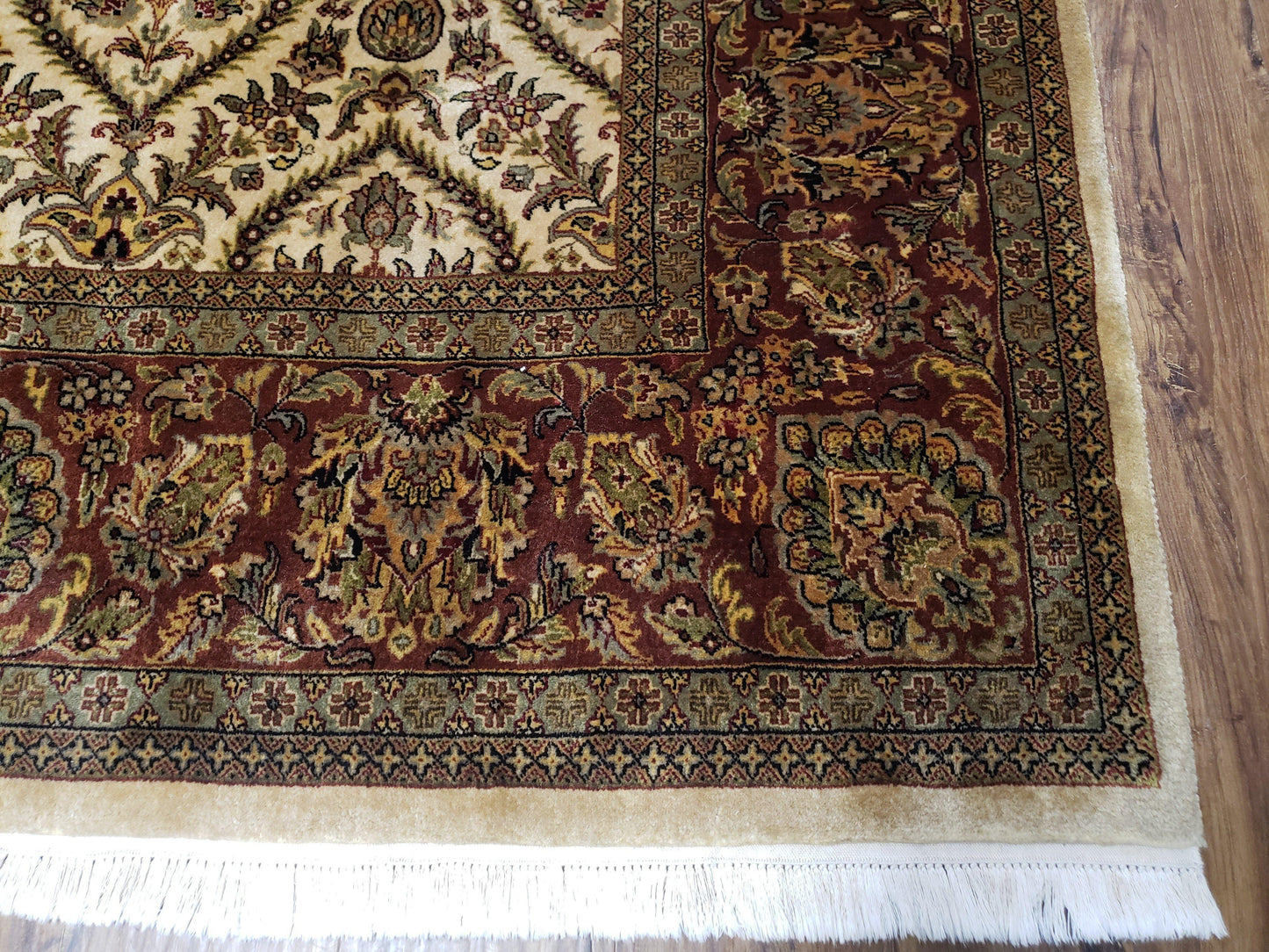 Vintage Indo Persian Area Rug 9x12, Wool Hand-Knotted Ivory & Dark Red Oriental Carpet, Fine Weave 9 x 12 Indian Rug, Dining Room Rug