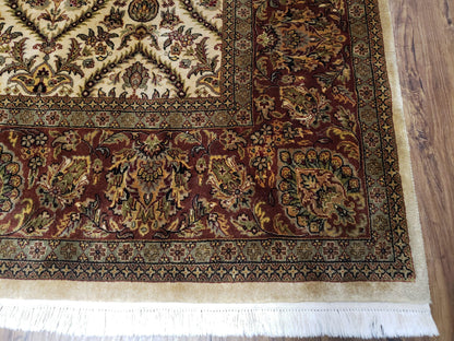 Vintage Indo Persian Area Rug 9x12, Wool Hand-Knotted Ivory & Dark Red Oriental Carpet, Fine Weave 9 x 12 Indian Rug, Dining Room Rug