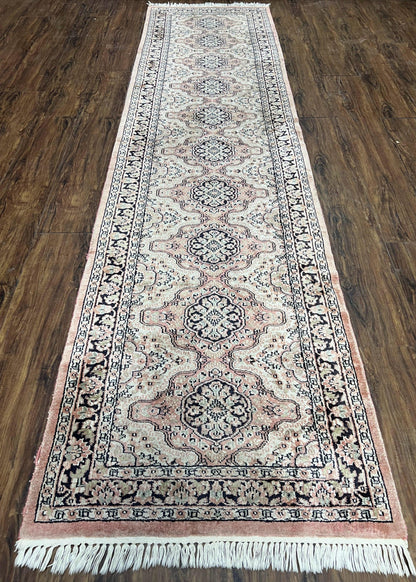 Silk Kashmiri Runner Hand Knotted Vintage Hallway Carpet Ivory Pink Medallion