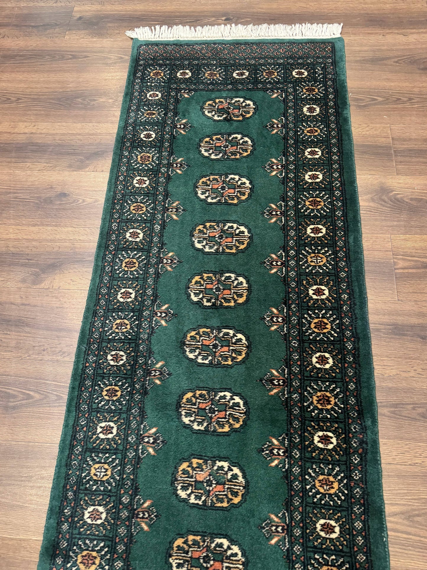 Pakistani Bokhara Runner Rug 2.5 x 11, Green Turkoman Wool Runner for Hallway