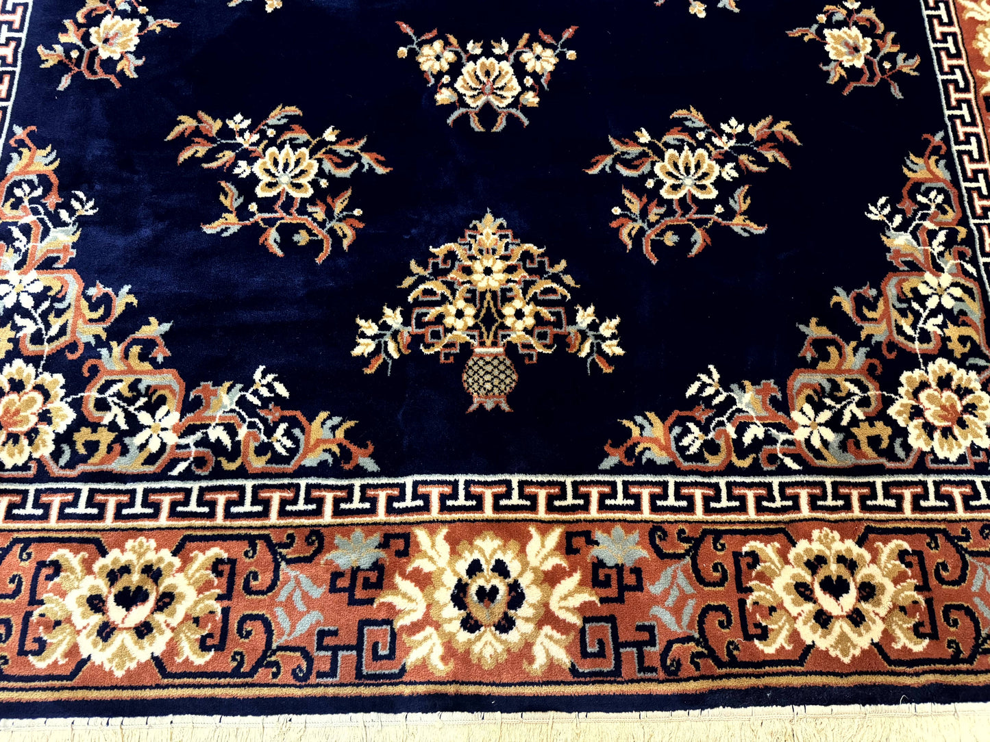 Vintage Chinese Wool Rug 8x11 in Navy Blue and Terracotta Floral Design, Couristan Power-Loomed