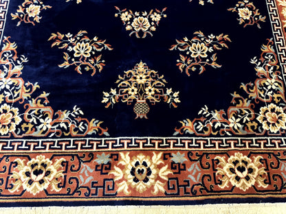 Vintage Chinese Wool Rug 8x11 in Navy Blue and Terracotta Floral Design, Couristan Power-Loomed