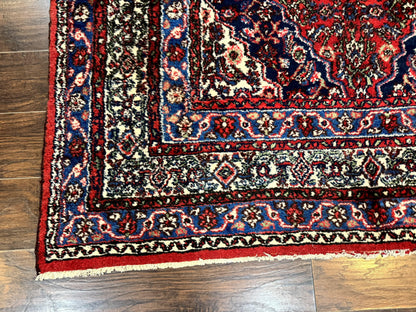 Persian Tribal Rug 6x11, Red Blue Ivory, Antique Persian Carpet, Hamadan Dargazin Carpet
