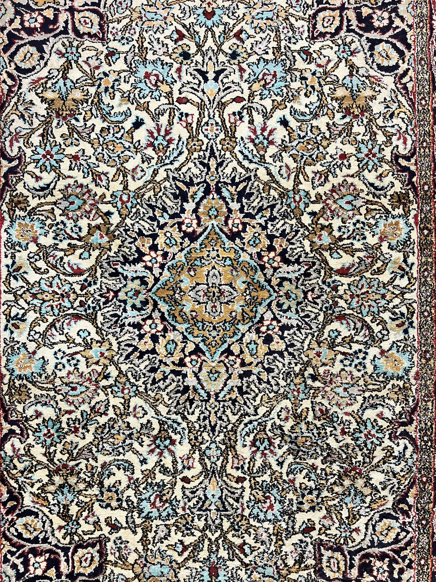 Silk Persian Qum Rug 4x5, Hand Knotted Vintage Carpet, Cream & Navy Blue, Silk Pile on Silk Foundation, Very Fine 360 KPSI