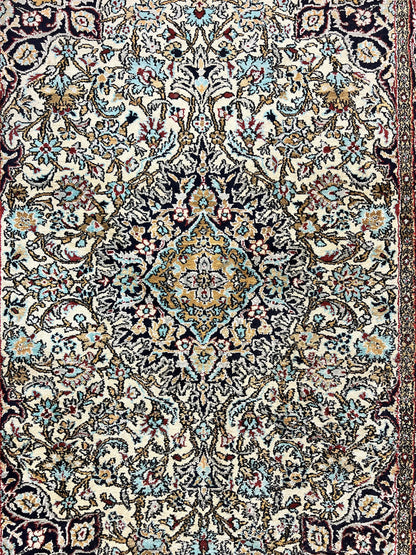 Silk Persian Qum Rug 4x5, Hand Knotted Vintage Carpet, Cream & Navy Blue, Silk Pile on Silk Foundation, Very Fine 360 KPSI