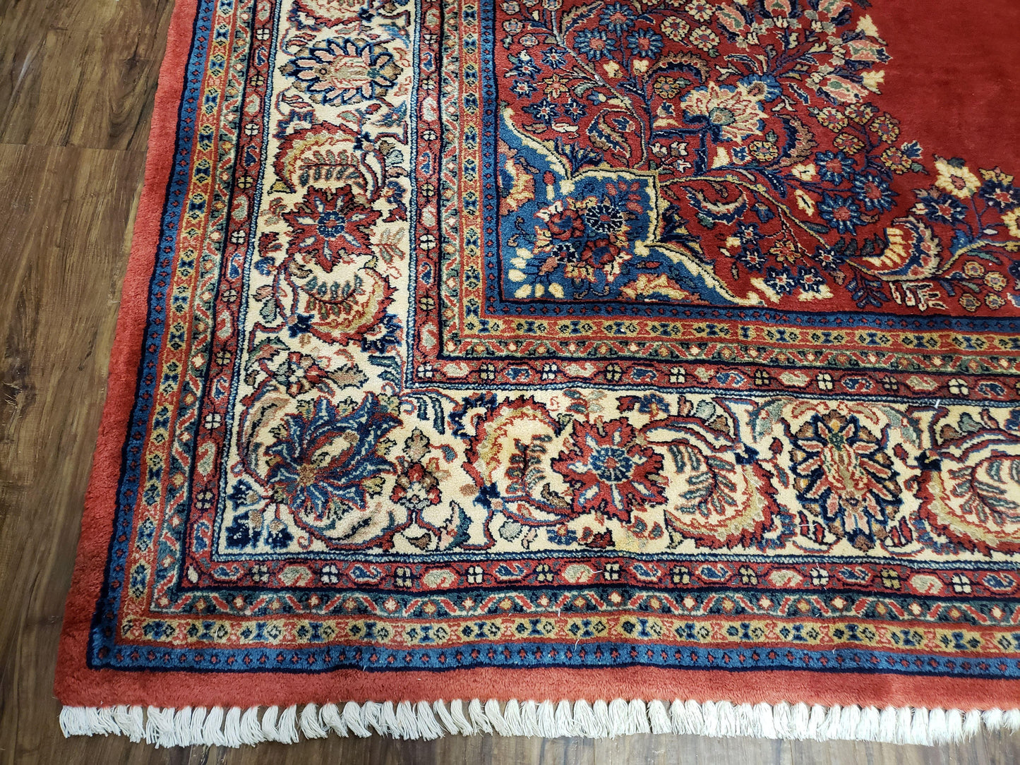 Semi Antique Persian Sarouk Rug 9x12 Hand Knotted Wool With Central Medallion Tomato Red