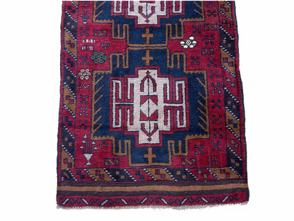 Balouchi Wool Rug Vintage Handmade Afghan Tribal Red Beige 2 Ft 9 In By 4 Ft 7 In