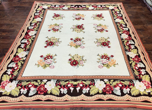 Portuguese Needlepoint Rug 8x9, Vintage Rug 8 x 9 ft, Ivory Dark Brown Hand-Woven Wool Portuguese Carpet, European Rug