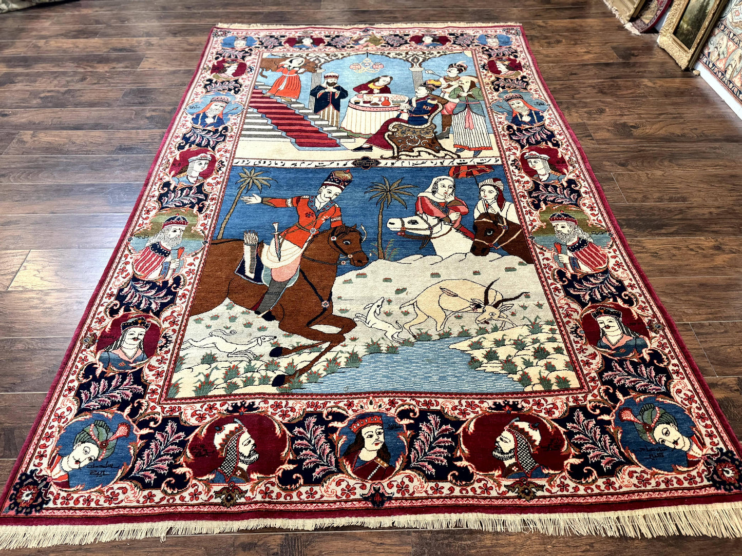Rare Persian Kashan Pictorial Rug 6x9, King Bahram Hunting Scene, Persian Kings, Hand Knotted Persian Rug for Wall Hanging, Antique, Wool
