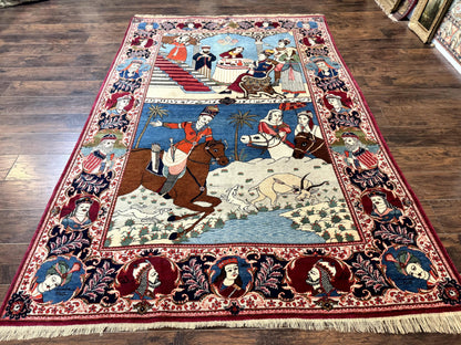 Rare Persian Kashan Pictorial Rug 6x9, King Bahram Hunting Scene, Persian Kings, Hand Knotted Persian Rug for Wall Hanging, Antique, Wool