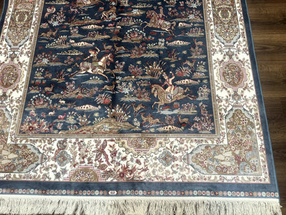 Bamboo Silk Rug Hunting Design 5x8 Steel Blue Ivory Contemporary Area Rug