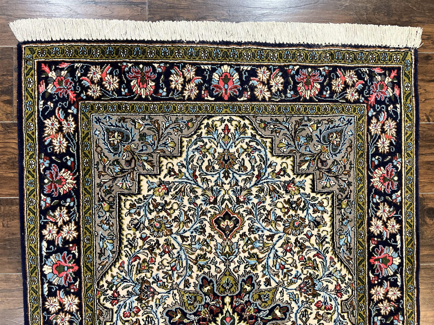 Persian Qum Rug 3x5, Wool with Silk Highlights, Handmade Semi Antique Carpet, Ivory & Navy Blue, Floral Medallion, Finely Hand Knotted