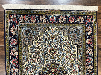 Persian Qum Rug 3x5, Wool with Silk Highlights, Handmade Semi Antique Carpet, Ivory & Navy Blue, Floral Medallion, Finely Hand Knotted
