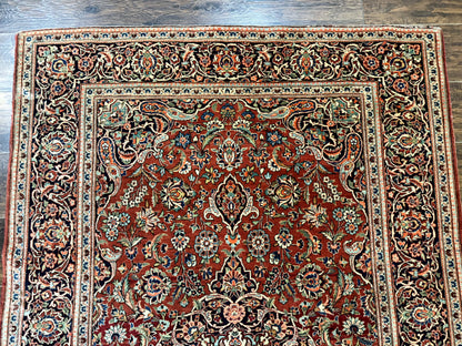 Persian Kashan Rug 4x7 Red Navy Floral Antique Carpet Elegant Medallion Design