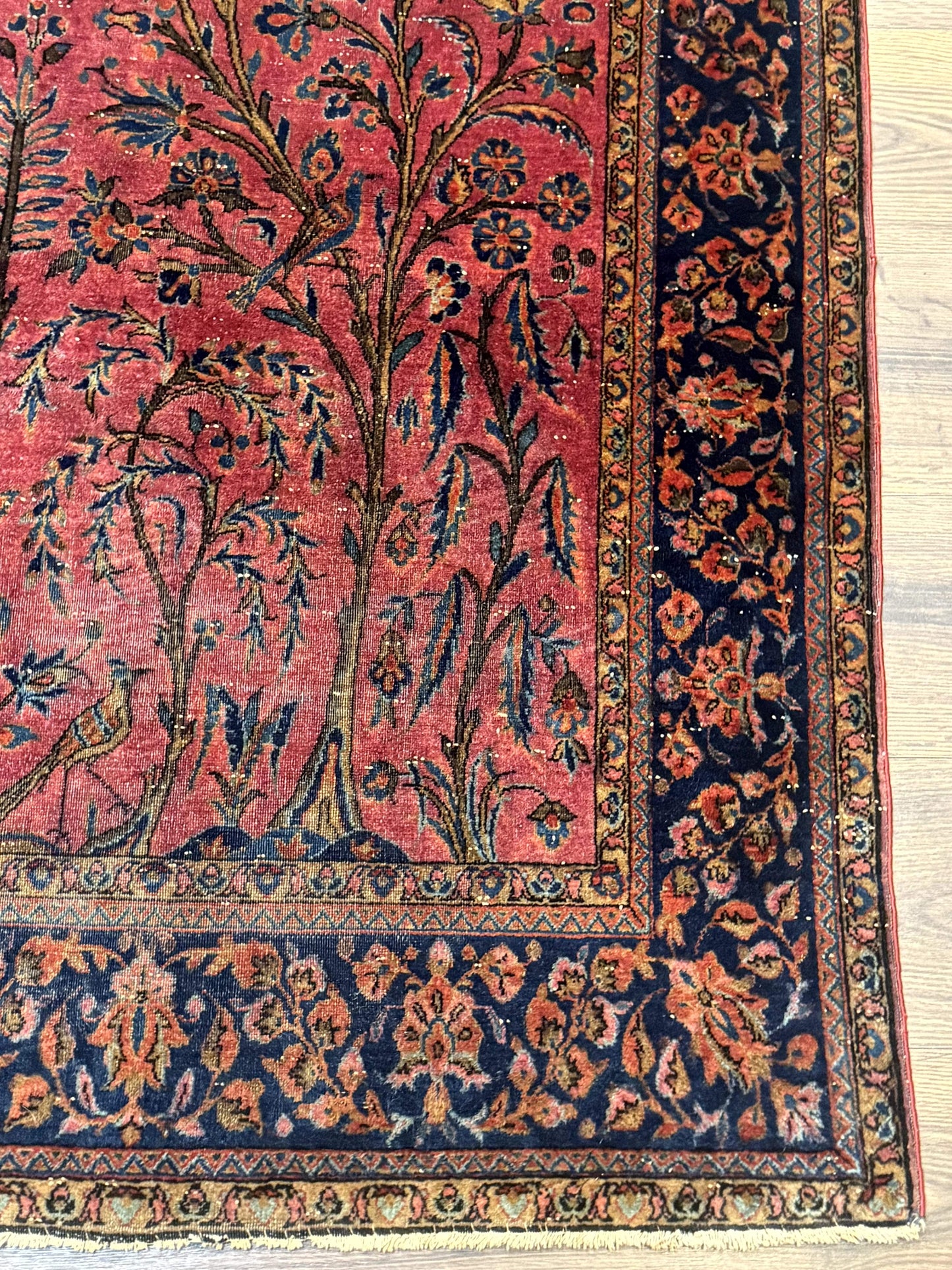 Antique Persian Tree of Life Rug 3x5, Manchester Wool, Bird Pictorials, Fine 240 KPSI, Red Navy Blue