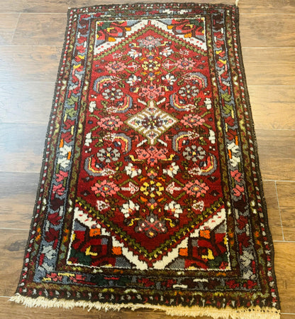 Small Red Persian Tribal Rug 2.6 x 4, Wool Rug, Persian Hamadan Rug