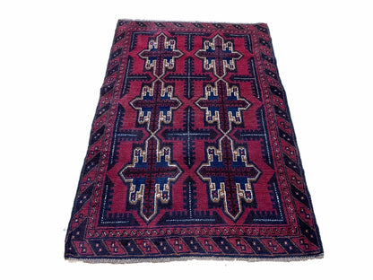 Baluchi Rug 3x5 Vintage Handmade Afghan Tribal Wool Rug Red Beige Blue