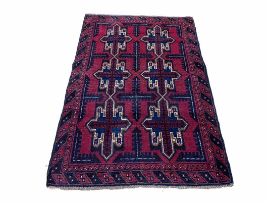 Baluchi Rug 3x5 Vintage Handmade Afghan Tribal Wool Rug Red Beige Blue