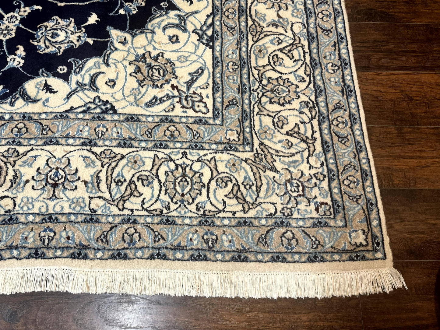 Persian Nain Rug 8x11, Navy Blue and Ivory, Handmade Wool Vintage Carpet, Floral Medallion