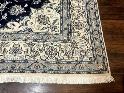 Persian Nain Rug 8x11, Navy Blue and Ivory, Handmade Wool Vintage Carpet, Floral Medallion