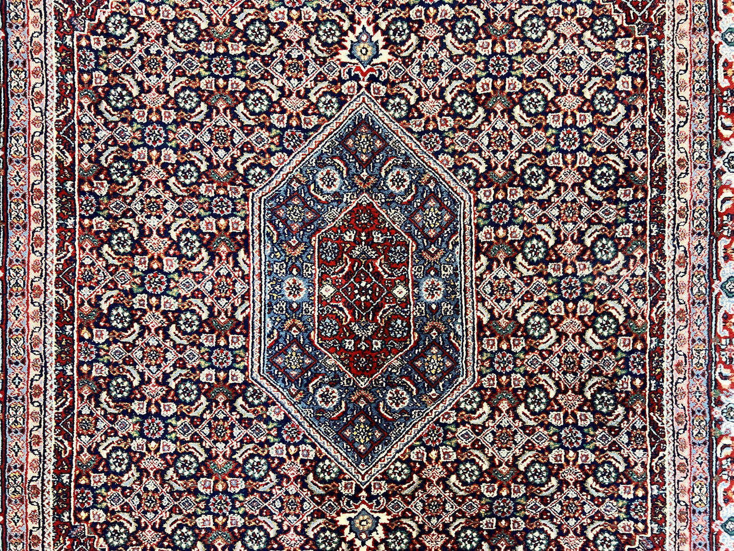 Indo Persian Rug 7x10, Dark Blue and Red Hand Knotted Wool Vintage Oriental Carpet 7 x 10 ft, Handmade Bidjar Rug, Herati Pattern Indian Rug