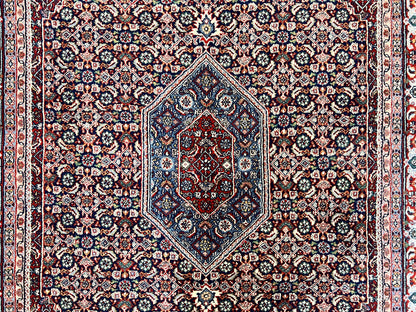 Indo Persian Rug 7x10, Dark Blue and Red Hand Knotted Wool Vintage Oriental Carpet 7 x 10 ft, Handmade Bidjar Rug, Herati Pattern Indian Rug
